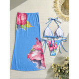 10 Color Flowers Halter Bikini Female Swimsuit Women Swimwear Three-pieces Bikini set With Skirt Bather Bathing Suit Swim V6637C