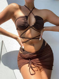 3 Pieces Criss Cross Halter Bikini 2026 Women & Beach Skirt Swimwear Female Sexy Swimsuit Beachwear Bathing Swimming Suit