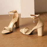 Beige Suede Ankle Strap Block Heel Sandals for Women, Round Open Toe with Rhinestone Accent, Multiple Colors Available