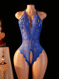 Seductive Blue Lace Hollow Bodysuit for Women - Erotic Teddy Babydoll Dress with Deep V Open Bra and Crotchless Porn Underwear