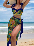 Vintage Black Floral Print Bikini 2026 Women Push Up Underwire Bra High Waist Swimsuit Beach Bathing Suit Skirt 3 Piece Swimwear