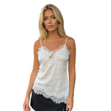 Women Solid Color Lace Trim Satin Camisole V Neck Spaghetti Strap Backless Asymmetrical Tops Trendy Summer Streetwear