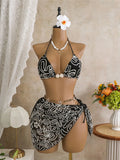 With Sarong Halter Printed Bikini Women Swimwear Female Swimsuit Padded Bather Bathing Suit Swim Three-pieces Bikini set K8073