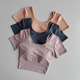 Women's Quick-Dry Yoga Sports Top with Chest Cushion Sexy Short-Sleeved Fitness T-Shirt Tight-Fitting Navel Revealing Yoga Suit