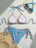 Women Cute Bikini Set 2025 New Summer Orange Floral Print Halter Ruffles Push Up Tie Side Thong Swimsuit Bathing Suit