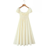 French Country-style Square-neck Dress With Puffed Sleeves Elasticated Waist And A Stylish Tie Design Perfect For Seaside TEW7