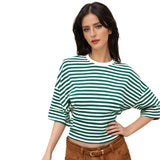 Women Summer Fashion Casual Elbow Sleeve T-Shirts Stripe Cinched Waist Crew Neck Tops Streetwear