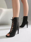 Plus Size Women Peep Toe Cutout Lace Up Ankle Boots with Side Zipper Stiletto High Heels Summer Hollow Out Short Booties