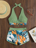 2026 Summer Women's Print Patchwork Swimsuit Sexy Deep V Neck Back Lace-up Swimwear High Waist Shorts Tankini Bathing Suit Beach