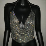 Festival Brilliant Rhinestone Backless Party Crop Top Women 2025 Summer Glitter Evening V Neck Diamonds Metal Tank Tops