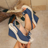 Retro Denim Wedge Heeled Sandals Women Plus Size 43 Bowknot Chunky Platform Sandalias Mujer Back Strap Thick Sole Summer Sandles