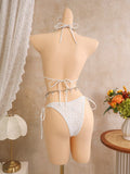 Vintage White Floral Embroidery Bikini Set 2026 Women 3D Flower Push Up Bra Pleate Skirt 3 Piece Swimsuit Bathing Suit Swimwear