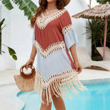 Splicing Tassels Half Sleeve Crochet Knitted Tunic Beach Dress Beach Wear Beachwear Beach Cover Up Cover-upsFemale Women V6631