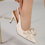 Big Size 42 Summer Elegant Beige Slingback Pumps Sexy Pointy Toe Black Thin High Heels Shoes Women Bow Knot Office Lady Shoes