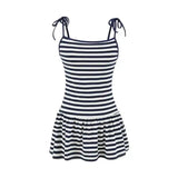 Sweet Double-shoulder Strap Striped Color-block Camisole For Women Unique Design Patchwork Pure Desire Dress Elegant Casual WIKO