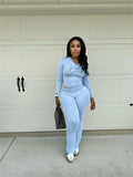 2026 New Women Ins Fashion Solid Color Sexy Straight Shoulder Contrast Stitch Long Sleeve 2 Piece Outfit