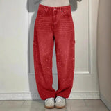 Women's Straight Leg Denim Pants High Waisted Baggy Wide Leg Bling Jeans Casual Sparkly Harem Jeans for Streetwear