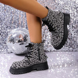 Fashion Leopard Print Platform Ankle Boots Women Lace Up Thick Sole Crystal Short Booties Mujer Round Toe Zipper Modern Boots