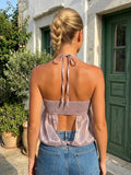 Women Gold Embellished Sheer Chiffon Open Front Camisole Summer Boho Sequin Halter Neck Crop Top for Party Festival