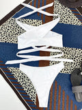 Halter Cross Bandage High Cut Bikini Female Swimsuit Women Swimwear Two-pieces Bikini Set Hollow Out Bather Bathing Suit Swim