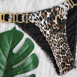 Sexy Leopard Halter Rhinestone Diamond Bikini Women Swimsuit Female Swimwear Two Pieces Bikini Set Ribbed Bathing Suit Swim Lady
