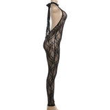 Women Halter Neck Lace Mesh Jumpsuit Sheer See Through Sleeveless Backless Bodycon Romper Y2K Clubwear Party Nightclub Outfit