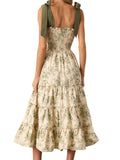 Women's Summer Floral Print Dresses Stylish Ruffled Trim Smocked Sleeveless Tie-Shoulder A-Line Dress