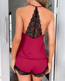 Summer Crochet Lace 2 Pieces Pajamas Set for Women Sleepwear Sleeveless V-Neck Tops and Shorts Casual Suit