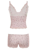 Cute Pink Floral Lace Patchwork Two-piece Pajamas Set for Women Sleepwear Sleeveless Camisoles and Slim Shorts Loungewear