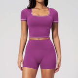 Speed Drying Tight Yoga Sets Women Color Contrast Short Sleeve Slim Sports Top High Waist Leggings Running Fitness Athletic Wear