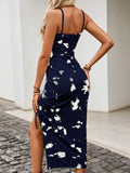 Women's Navy Blue Printed Spaghetti-Strap Split Dress for Spring and Summer
