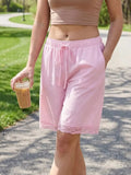 Fashion Women's Loose Shorts Drawstring Elastic Waist Lace Trim Wide Leg Mid Pants Summer Casual Lounge Out Going Shorts