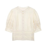 Women's Fashion Lace Romantic Style Shirt Women White Lace Trim Puff Sleeve Neck Button Front Casual Shirt For Daily Wear RJWE