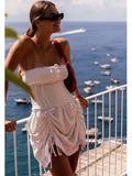 Foridol White Cotton Summer Women's Dress 2025 Off Shoulder Strapless Mini Beach Dress Casual Flower Embroidery Drawstring Dress