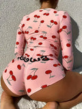 Pajamas Women's Sexy Onesies Bodysuit Casual Cherry Print V-neck Front Button Long Sleeve Slim Fit Jumpsuit Sleepwear
