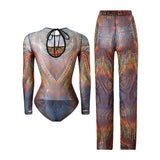 S - XXL New Printed Long Sleeve With Pants Women Swimwear One Piece Swimsuit Female Floral Padded Bather Bathing Suit Swim V7176