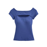 Korean Style Goddess Off-Shoulder Casual Elegant Sexy Hot Girl Top Women Hollow Out Short Sleeved Solid Color T-Shirt Charm 7O4B