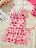 Lips Prints Pink Lace Sexy Lingerie Women See Through Babydoll Dress Slim Soft V Neck Side Opening Sleepwear Festival Gift