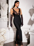 Ahagaga Lace Women's Party Maxi Dresses Solid Skinny V-Neck See Through Camisole Blackless Bodycon Sleeveless Vestidos Robes