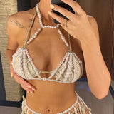 Luxury Pearls Halter Hollow Out See Through Bikini Top Female Swimsuit Women Swimwear Bather Bathing Suit Swim Beach Top V5409