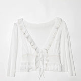 Women's Fashion Embroidered Tulle Blouse White Lace Ruffle Trim Tie Front Blouse Sleeve V Neck Casual For Women Daily Wear F4FI