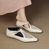 New Design Women T-Strap Sandals Square Toe Flats Buckle Breathable Mesh Casual Soft Leather Daily OL Shoes Plus Size 41 42 43