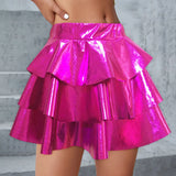 Women's Gold Metallic Tiered Mini Skirt Elastic High Waist Shiny Pu Ruffle Hem Party Skirts Dance Performance Festival Outfits