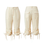 Fashion Women's Capri Pants High Waist Drawstring Cuff Cropped Trousers Solid Color Casual Pockets Cargo Calf-length Pant Summer