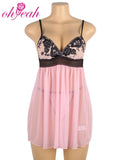 Pink Embroidery Lace Babydoll Nightdress for Women Sheer Mesh V Neck Sleepwear Plus Size With Thong