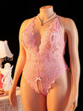 Erotic Hot women Plus Size Lace Halter Teddy Bodysuit Crotchless Criss-Cross Back Deep V Neck Open Crotch sexy Lingerie 1XL-4XL