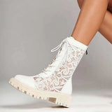 2026 New Big Size 45 Chic Black Lace Mesh Summer Boots Women Round Toe Square Heels Shoelace Zip-up Mid-calf Boots Shoes