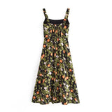French Style Vintage Lemon Leaf Printed Green Dress Sexy Slip Midi Sleeveless Tank Dress Chiffon Women Holiday Elegant Dress