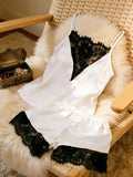 Women's Satin Camisole Shorts Set, Lace Trim Cami Top and Shorts, Silky Spring Summer Sleepwear Loungewear Pajama