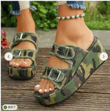Women Denim Belt Buckle Wedge Heels Slippers Summer2026 Non Slip Thick Sole Beach Slippers Woman Fashion Buckle Platform Sandles
